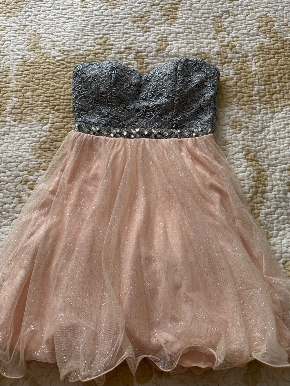 City Triangles Strapless Gray Lace Bodice with Blush Tulle Skirt